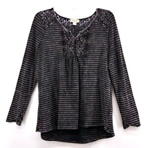 One World Shirt Women's Size S Black Stripe Long Sleeve Blouse